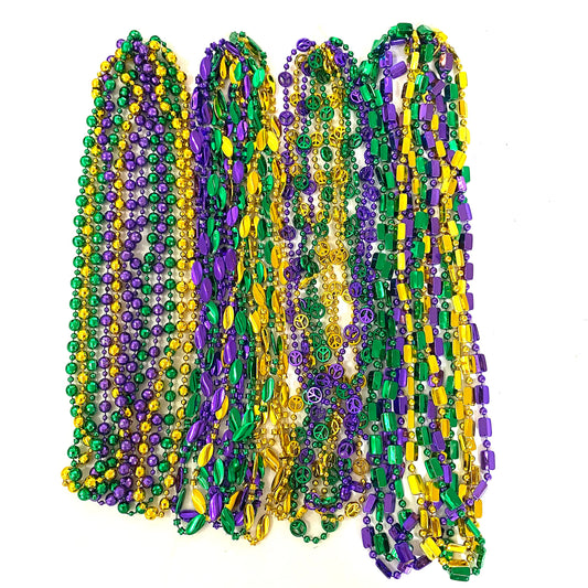 YSPPF beaded necklaces showcase vibrant gold-purple-green tones for parade styling.