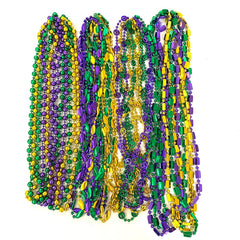 YSPPF beaded necklaces showcase vibrant gold-purple-green tones for parade styling.