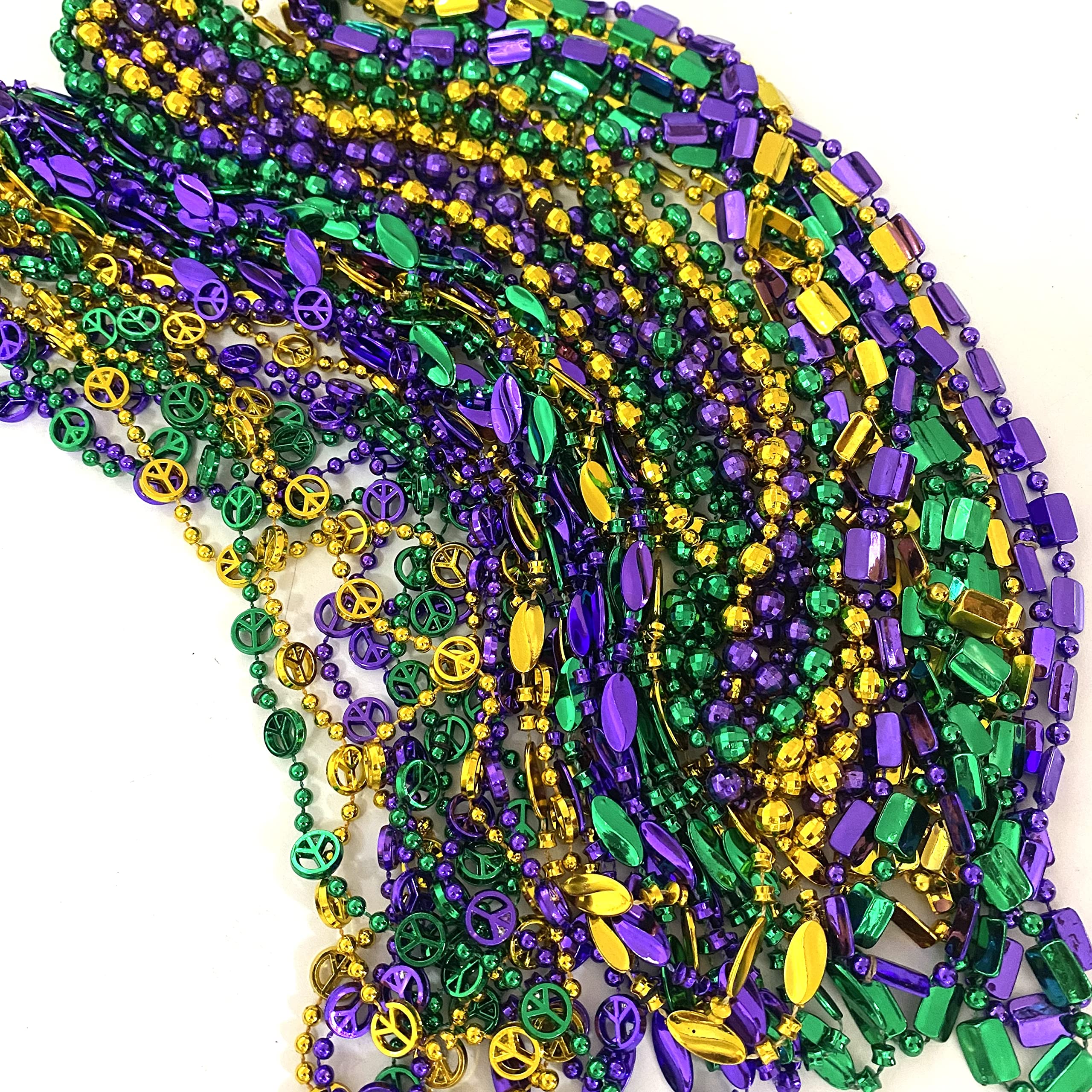 YSPPF Mardi Gras beads available in 32-inch and 36-inch lengths for versatile looks.