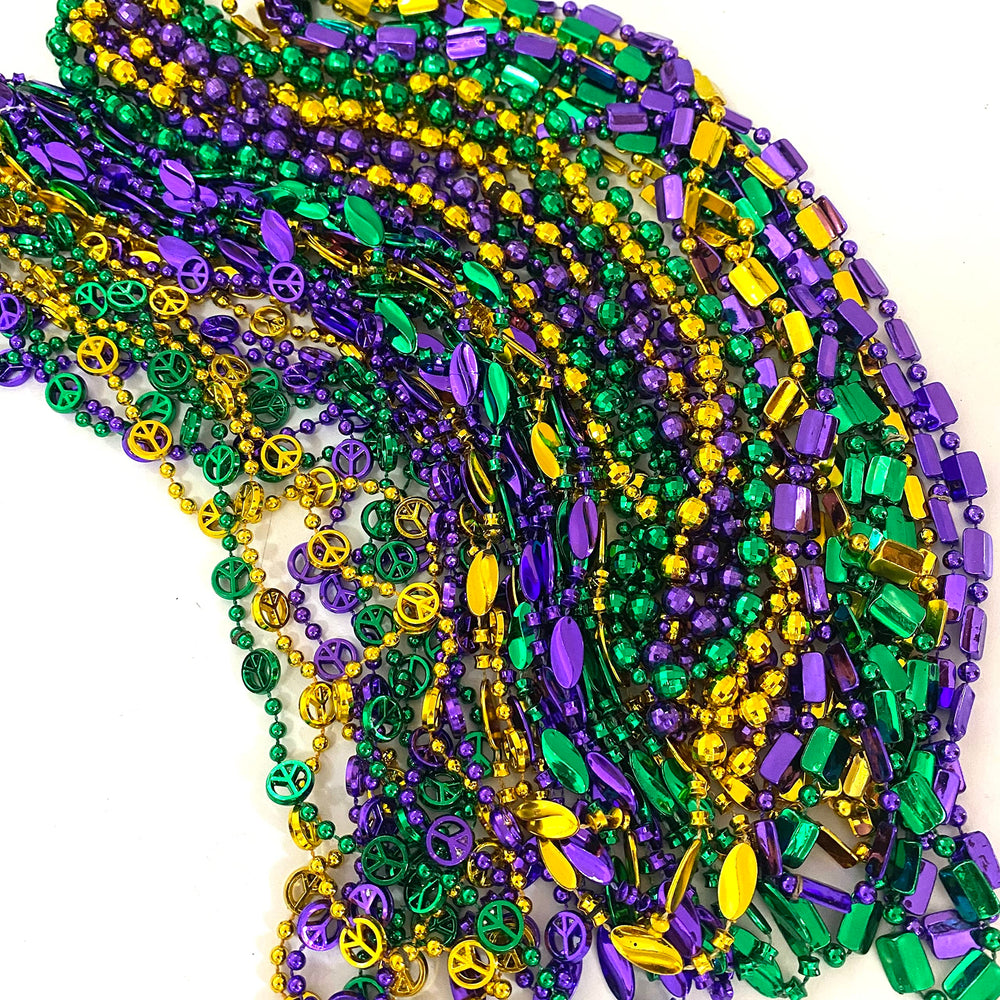 YSPPF Mardi Gras beads available in 32-inch and 36-inch lengths for versatile looks.