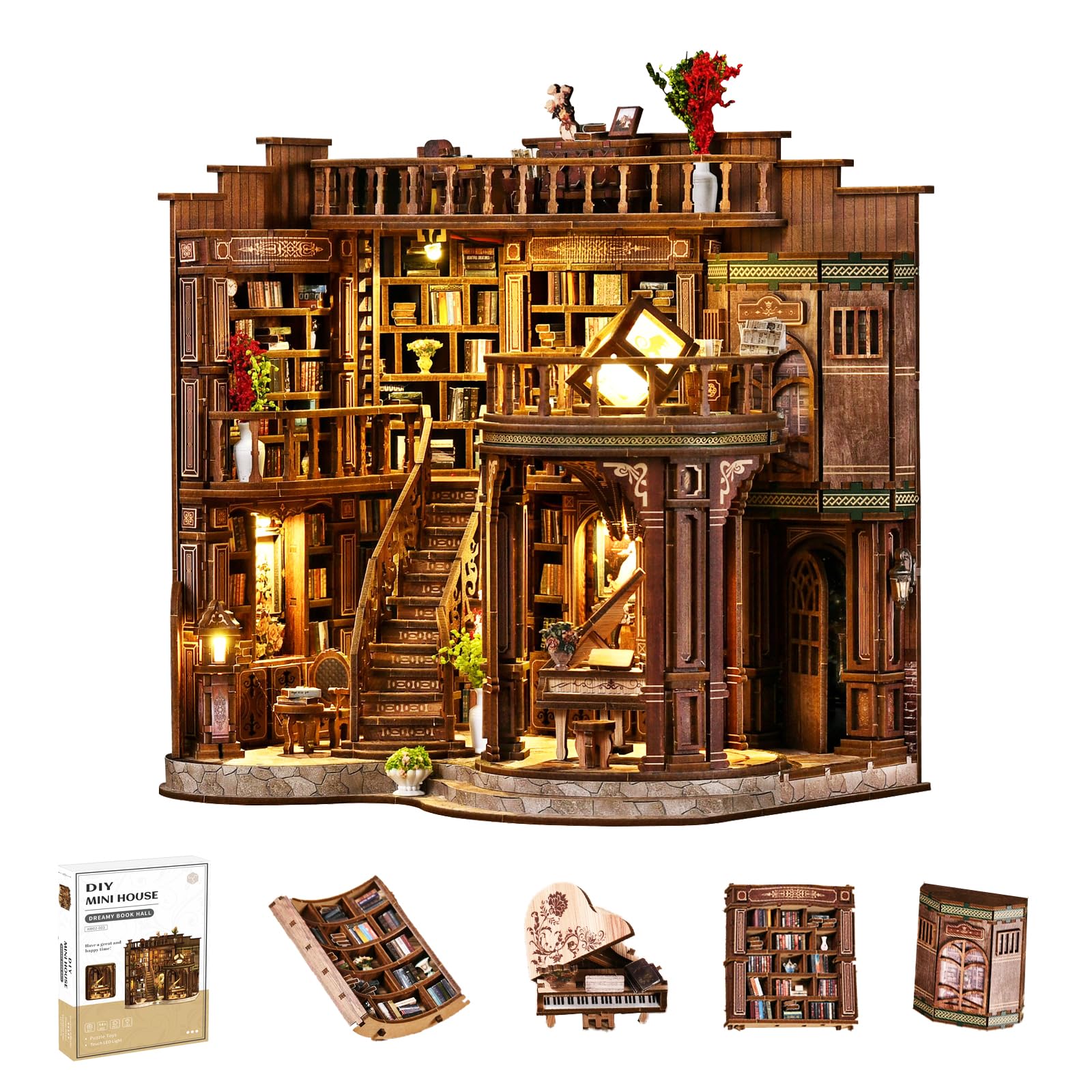 YSWOOD WORLD Book Nook Kit Dreamy Hall shows a cozy library display.