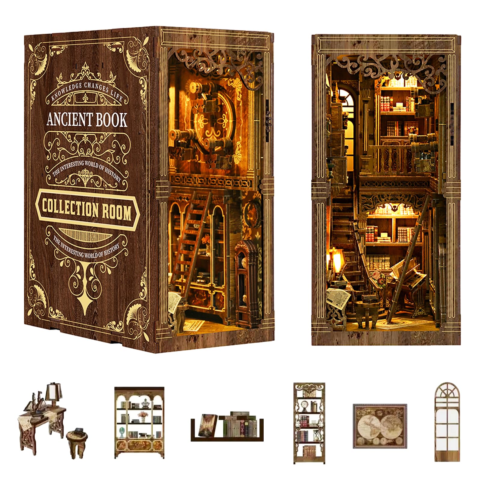 YSWOOD WORLD Book Nook Kit laser-cut pieces close-up for adults