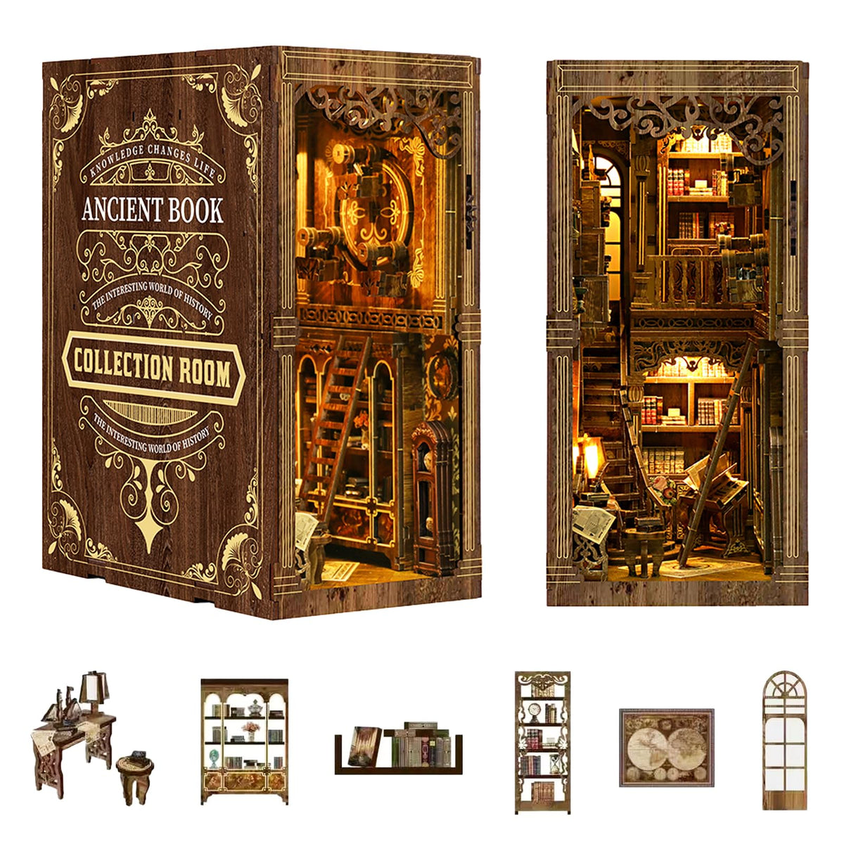 YSWOOD WORLD Book Nook Kit laser-cut pieces close-up for adults