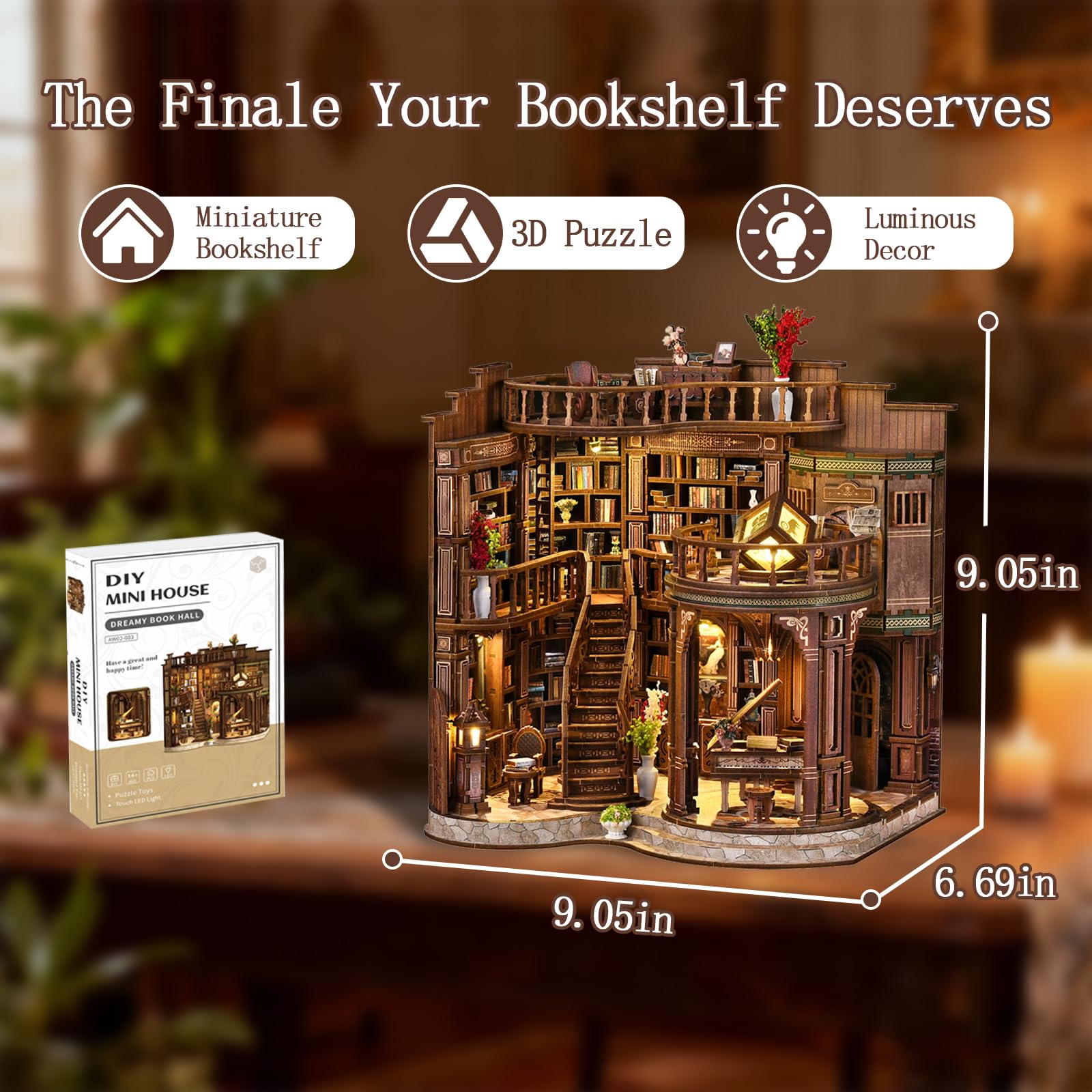 YSWOOD WORLD LED lighting highlights the book hall with warm glow.