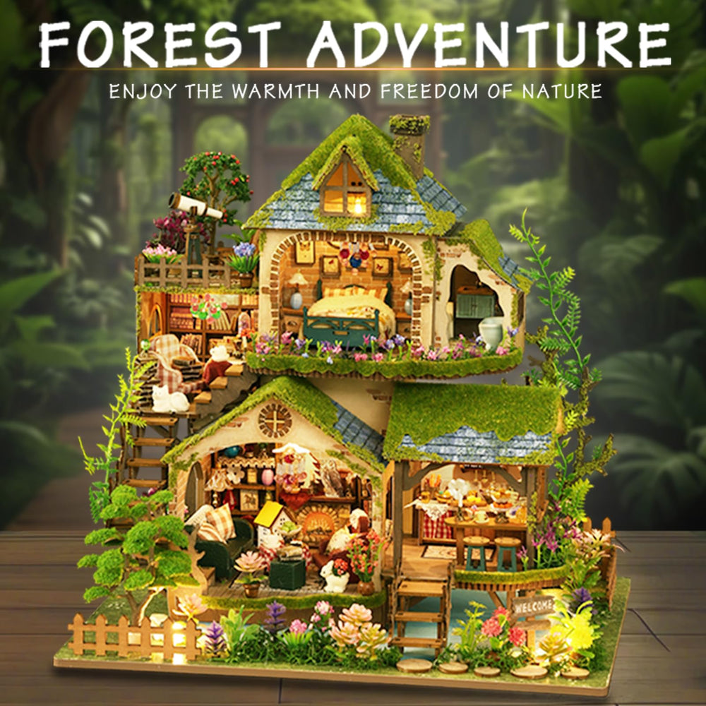 YSWOOD WORLD mini house with lit windows showing warm ambient glow.