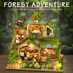 YSWOOD WORLD mini house with lit windows showing warm ambient glow.