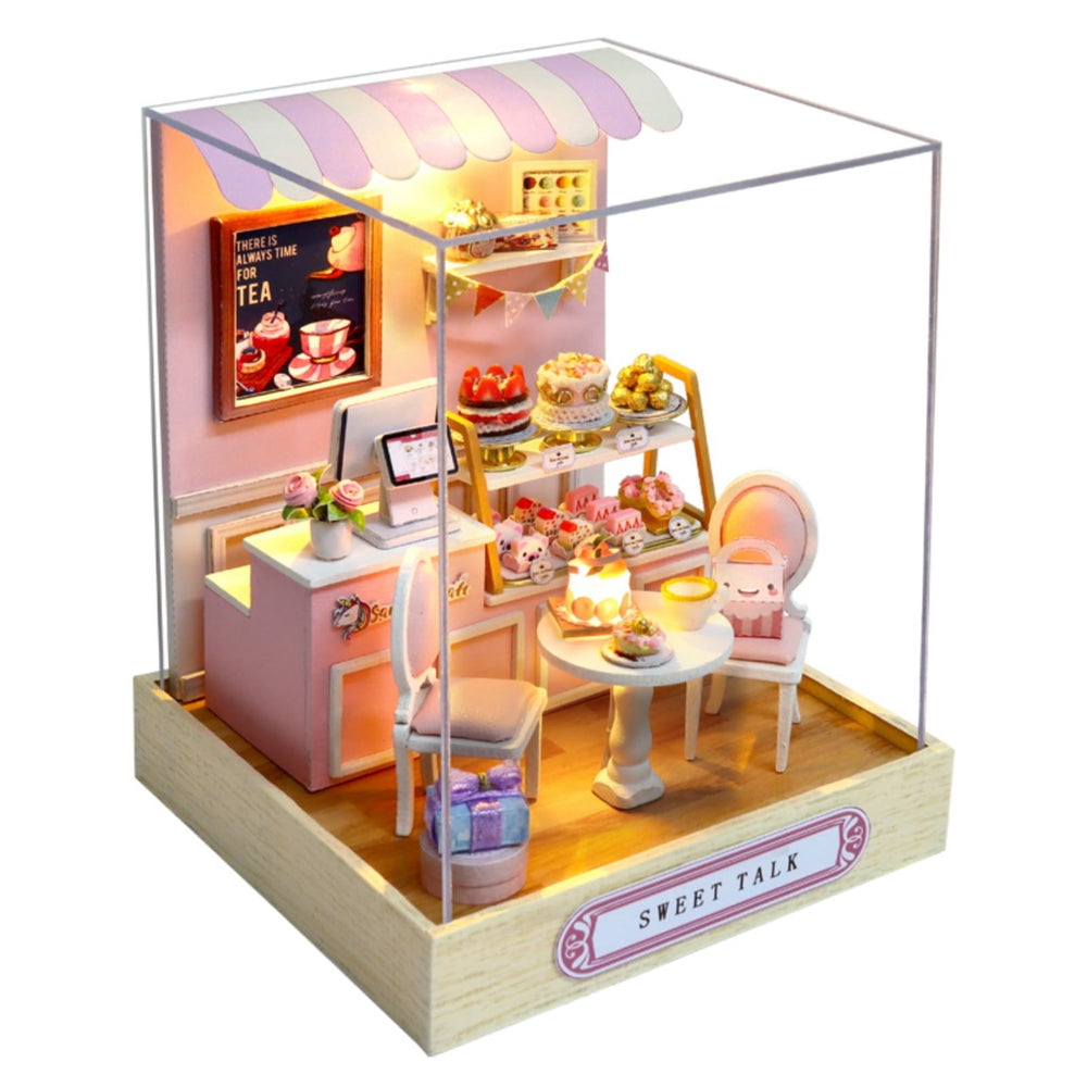 YSWOOD WORLD Sweet Talk dollhouse front view, a charming display piece for shelves.