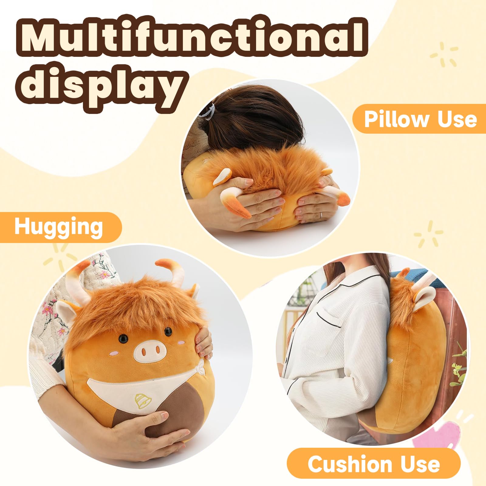 Yytoyshop Highland Cows plush pillow side view, decorative bedroom accent.