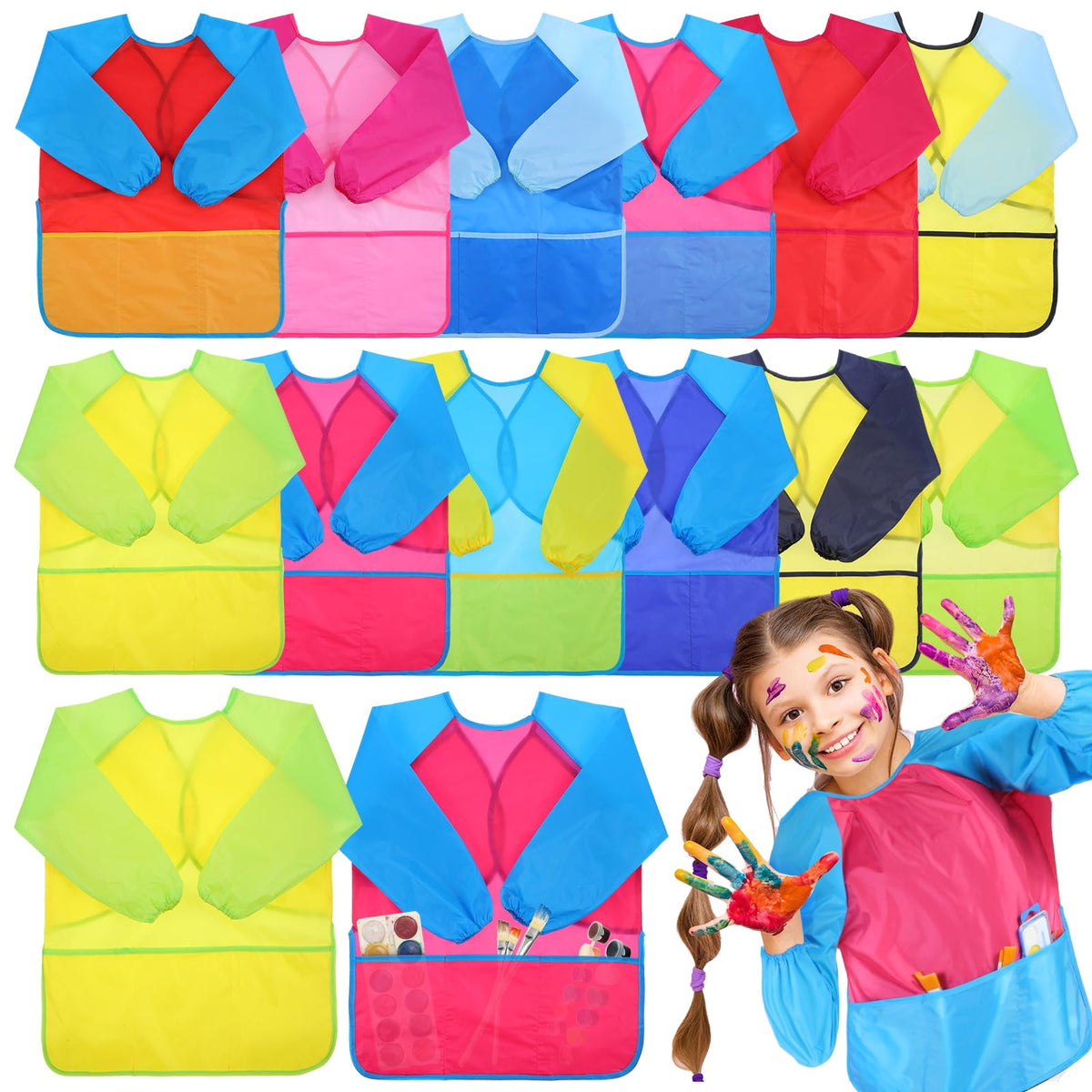 Yuanan kids smocks set of 12 in waterproof fabric protecting clothes during art activities