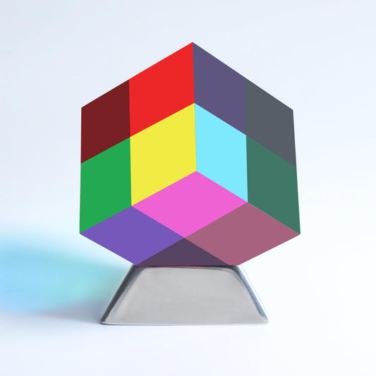 YuanDian CMY Cube on stand showing color blending for desk decor