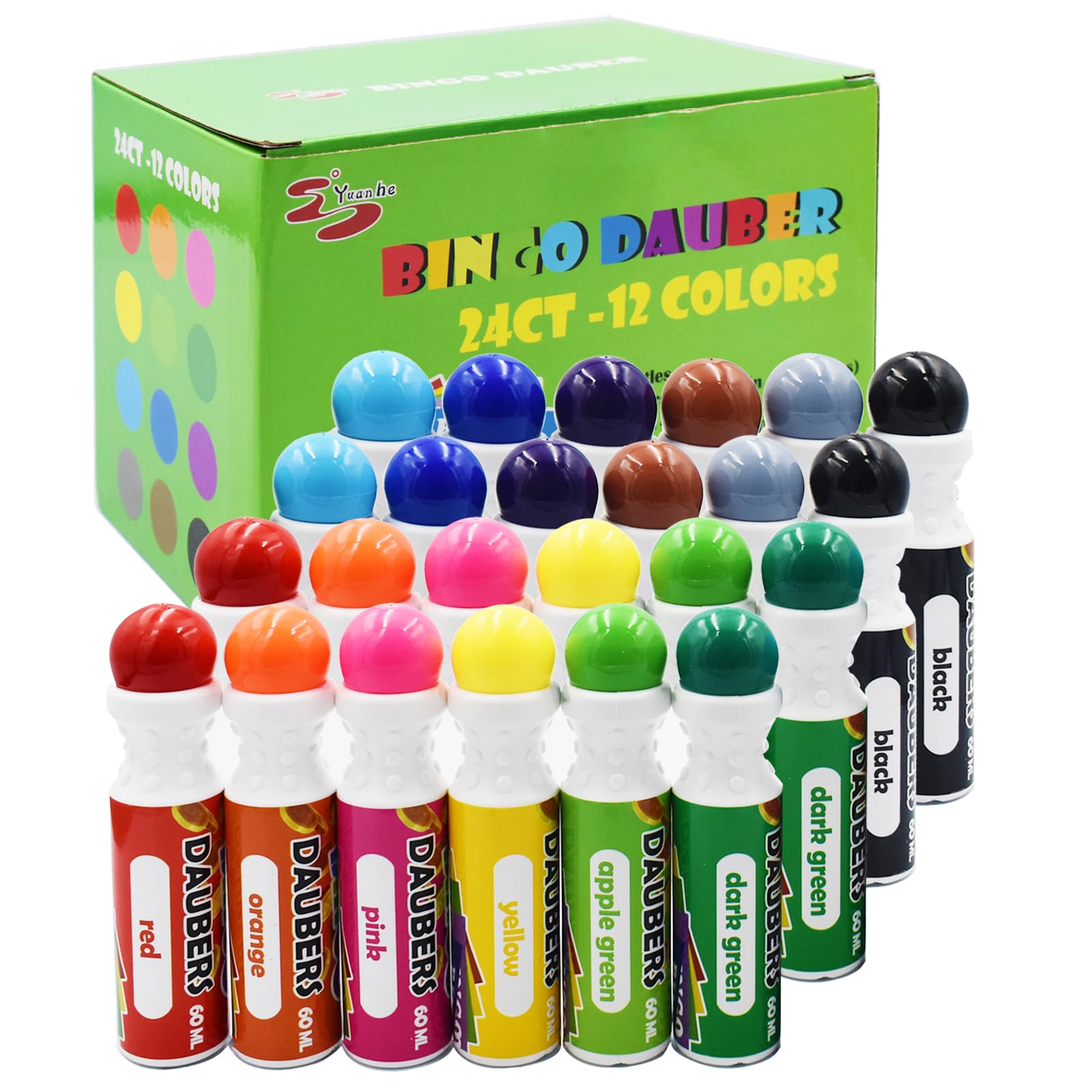 Yuanhe Bingo Dauber 24-pack with mixed colors for quick-dry, mess-free play