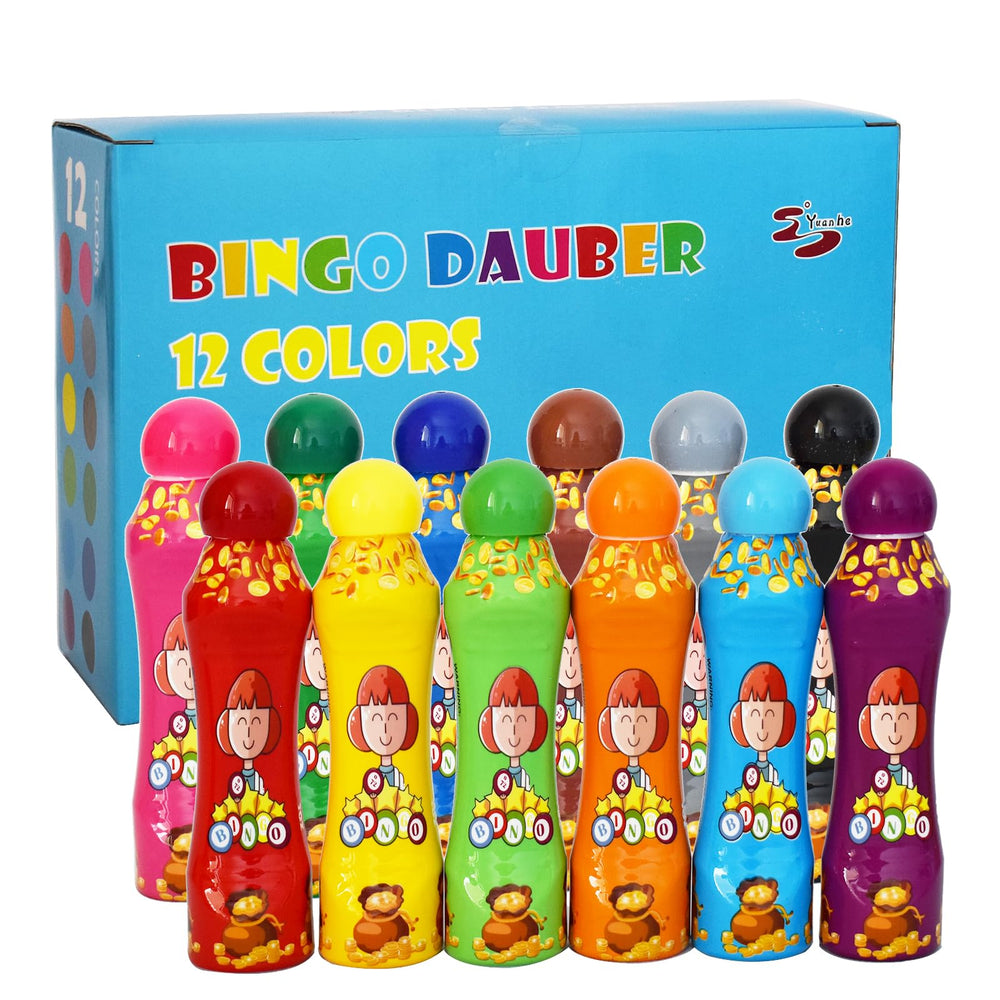 Yuanhe Bingo Daubers set of 12 colors arranged for vibrant, clean dots.