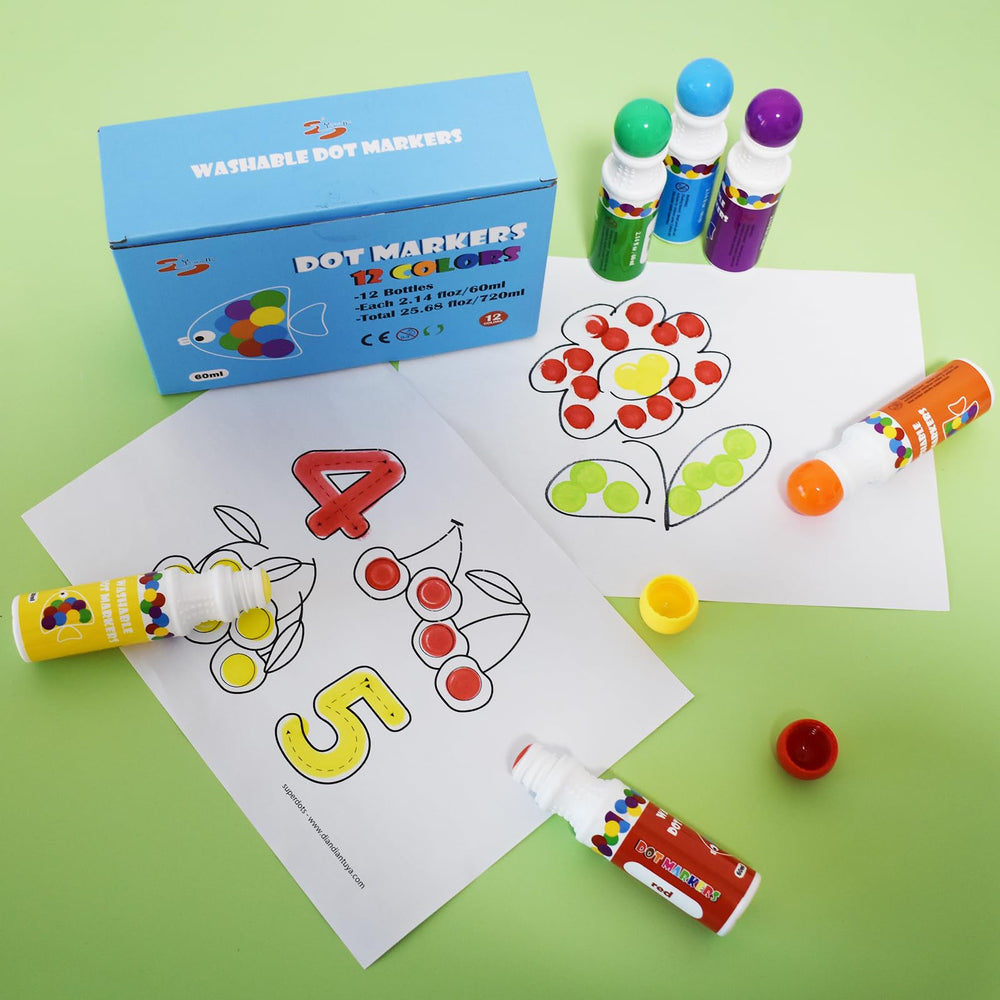 Yuanhe markers in 12 colors create vibrant dot art on paper.