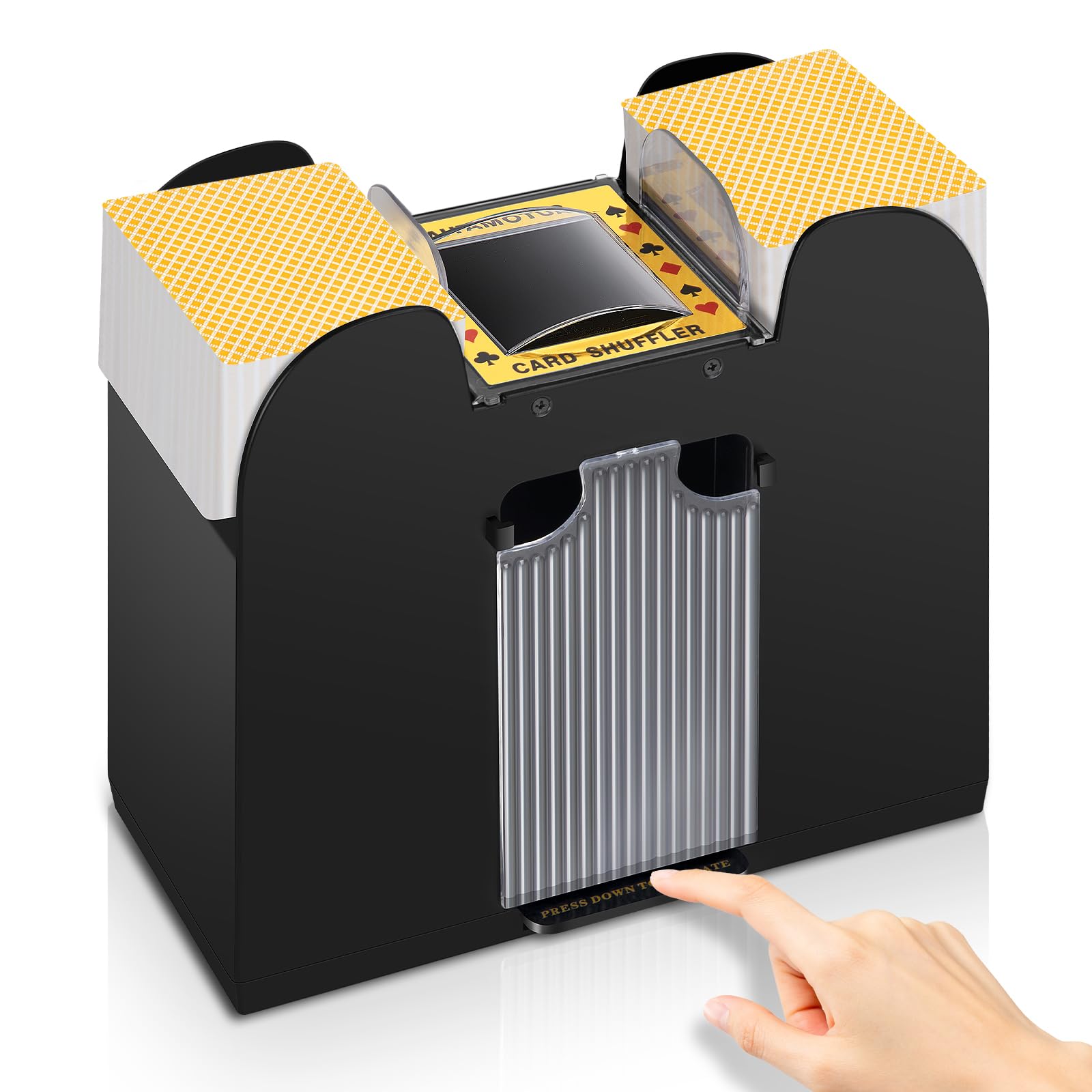 YUCEEN automatic card shuffler front view for quick, hands-free shuffling.
