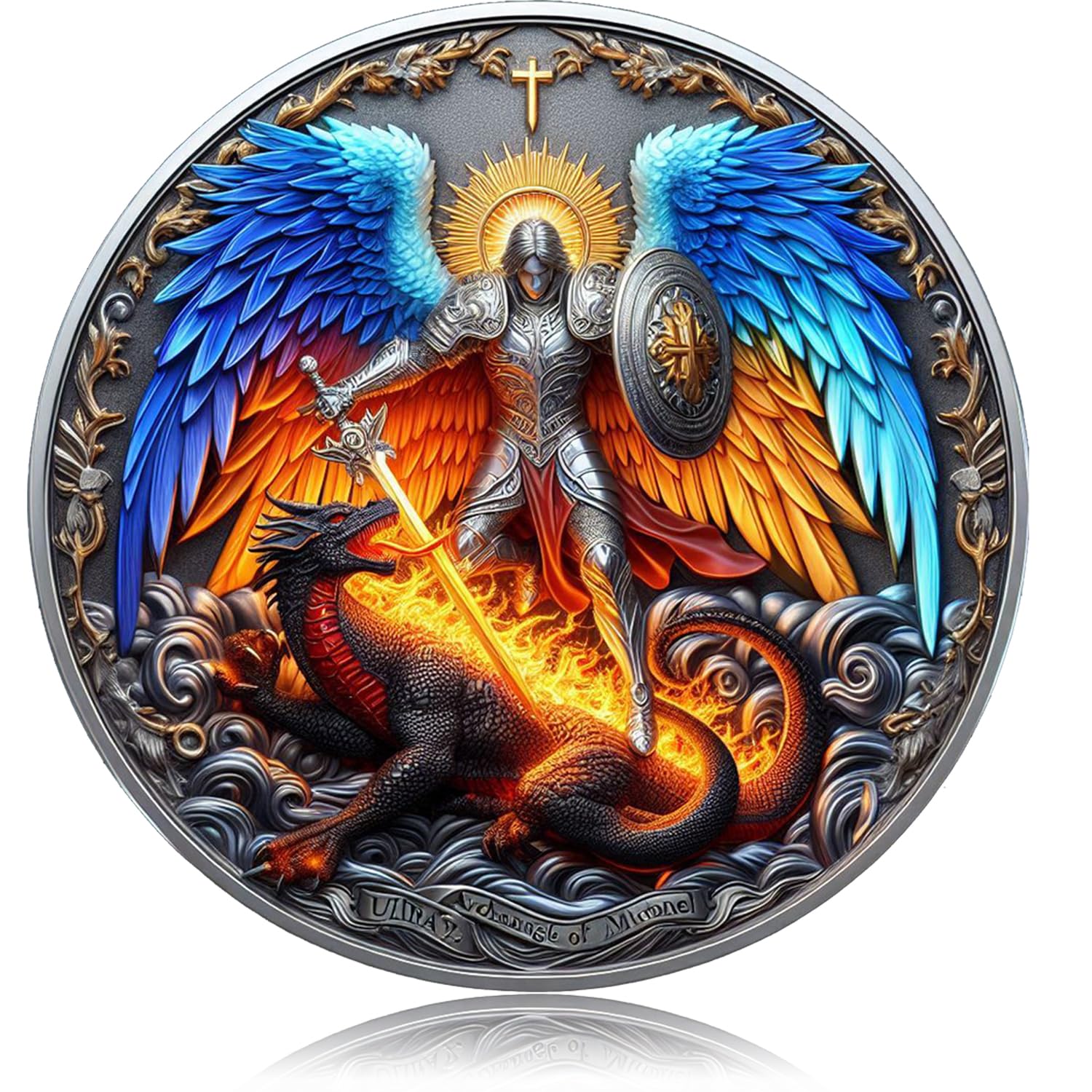 YUJUE Archangel Michael reverse with Psalm 91:10-11 engraving for daily devotion.