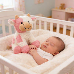 YUKOUQIAN pink cow plush in hand, portable comfort for car rides.