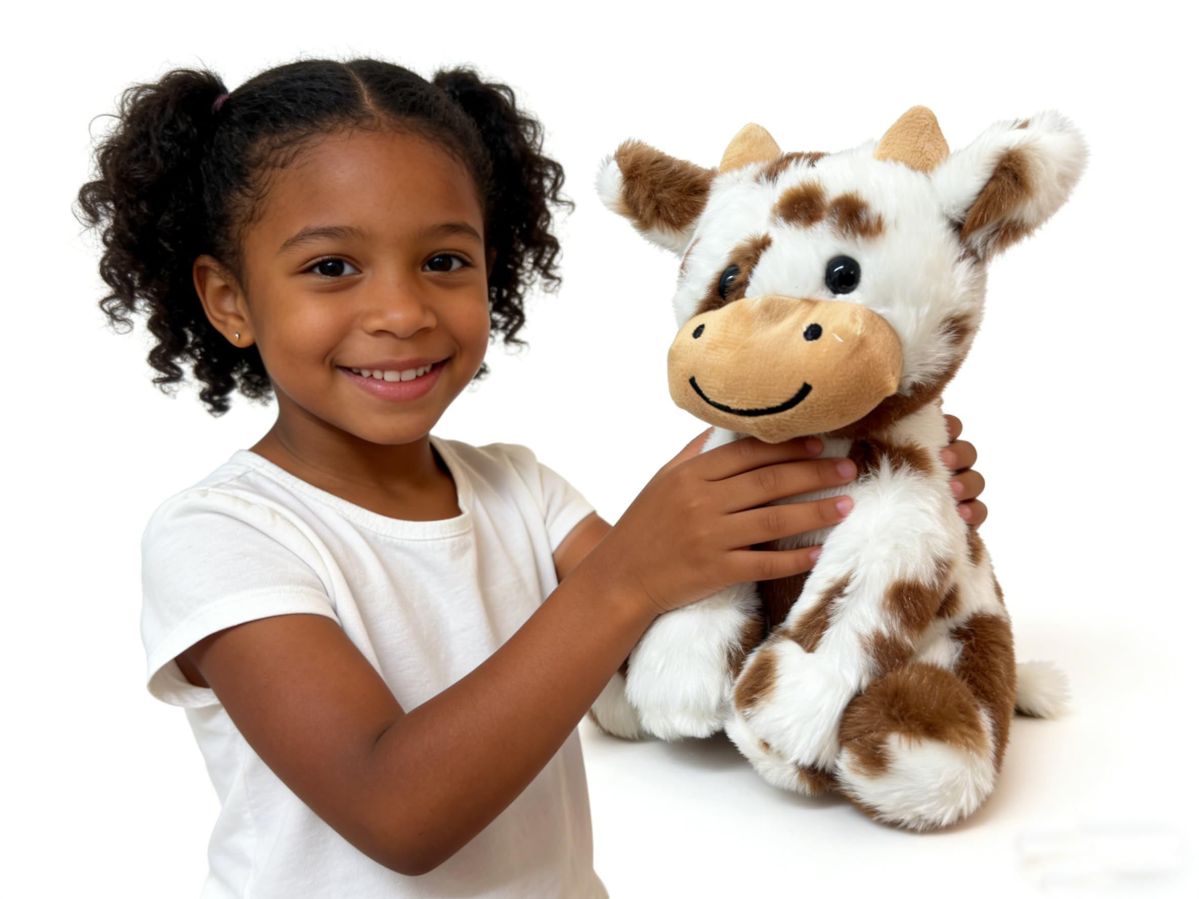 YUKOUQIAN cow plush in a child's arms for comfort.