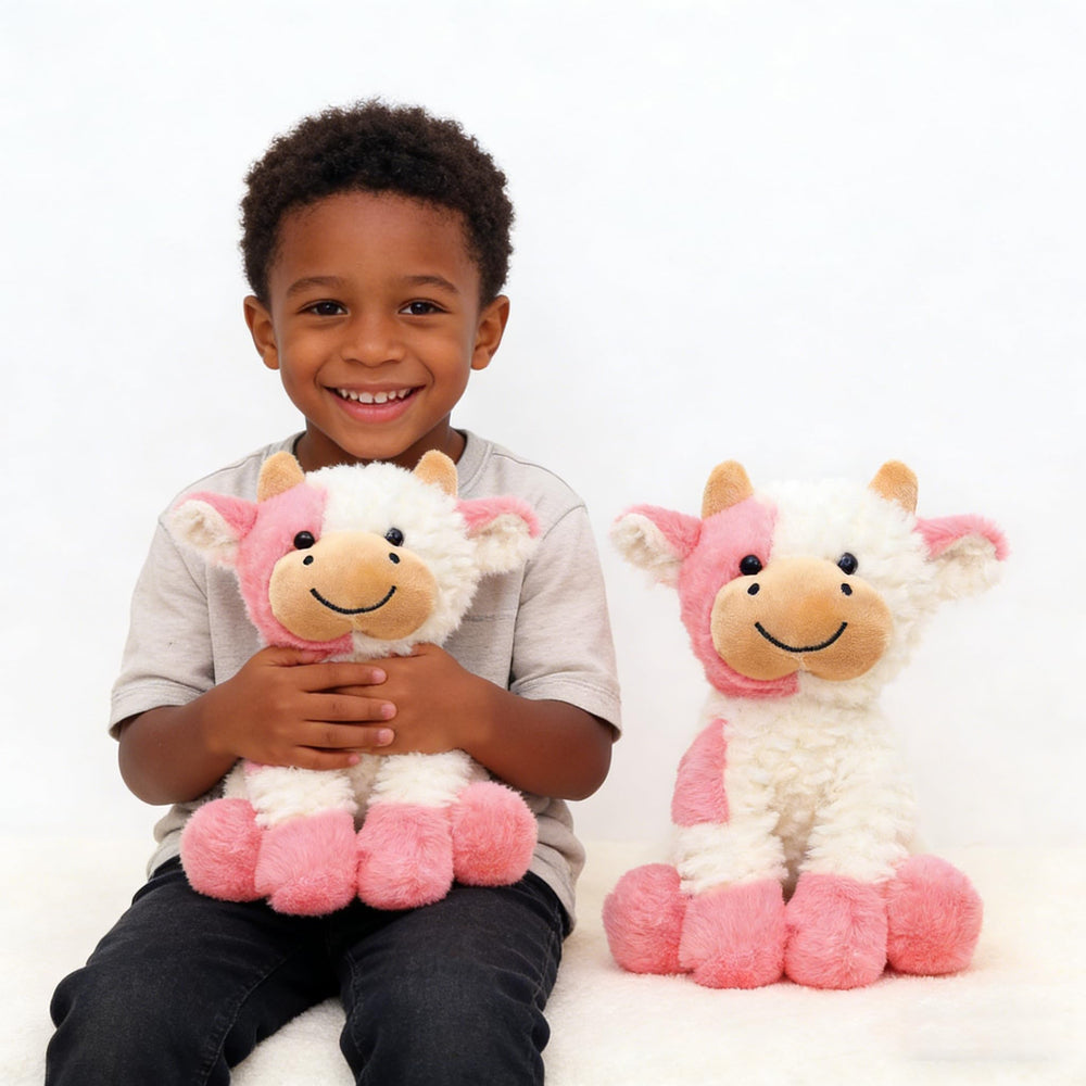 YUKOUQIAN cow plush on a shelf, bright decor for a kid's room.