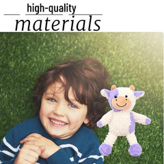 Purple cow plush toy ideal for quiet play and naptime.