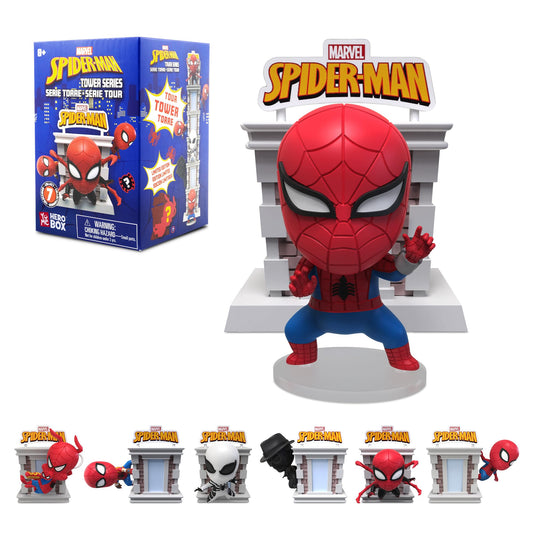 YuMe Spider-Man Tower Series classic Spidey figure enhances shelf display with an iconic pose.