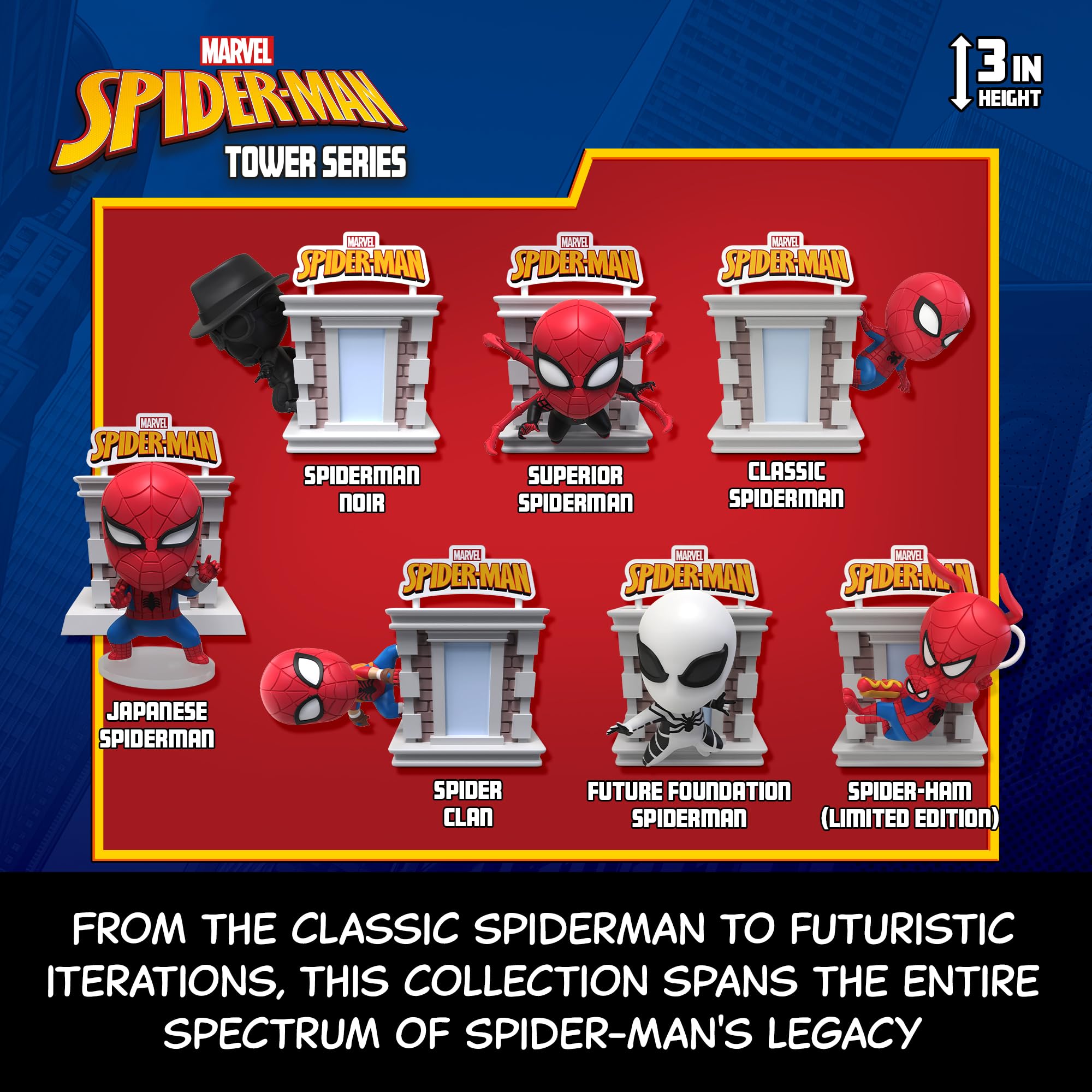 YuMe Spider-Man Tower Series futuristic Spidey figure showcases dynamic design for display shelves.