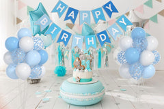 Yumiche blue confetti balloons add festive texture to first birthday setup