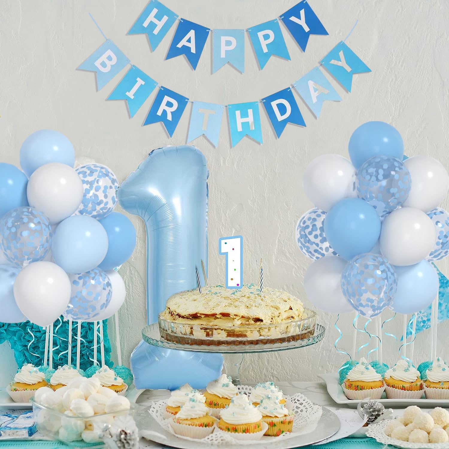 Yumiche blue Happy Birthday banner enhances backdrop and photos for baby boy party