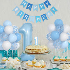 Yumiche blue Happy Birthday banner enhances backdrop and photos for baby boy party