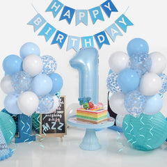 Yumiche white 12-inch balloons add clean contrast to the blue theme