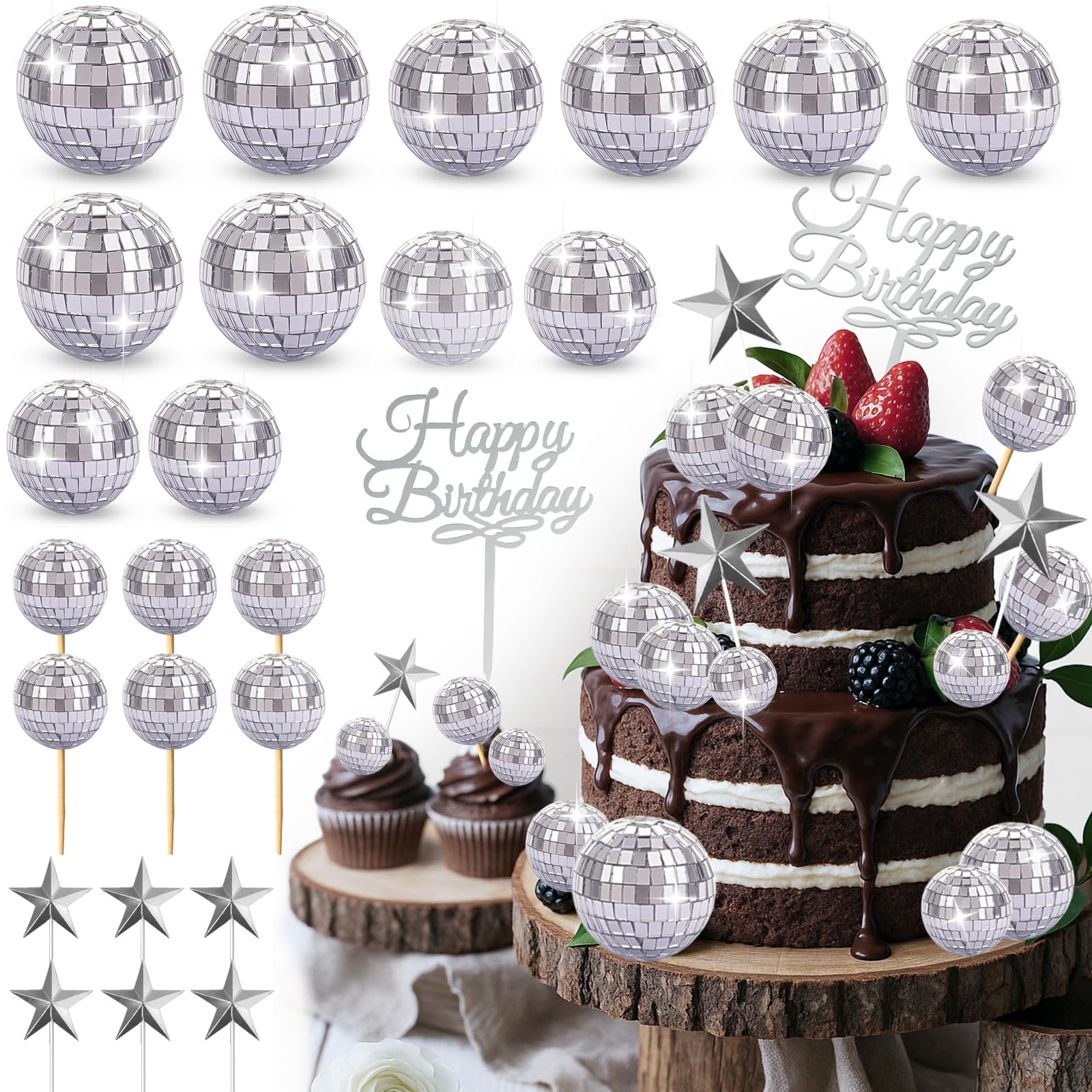 Yumikoo disco ball toppers set shines on cakes, perfect for retro parties and photo-worthy dessert displays