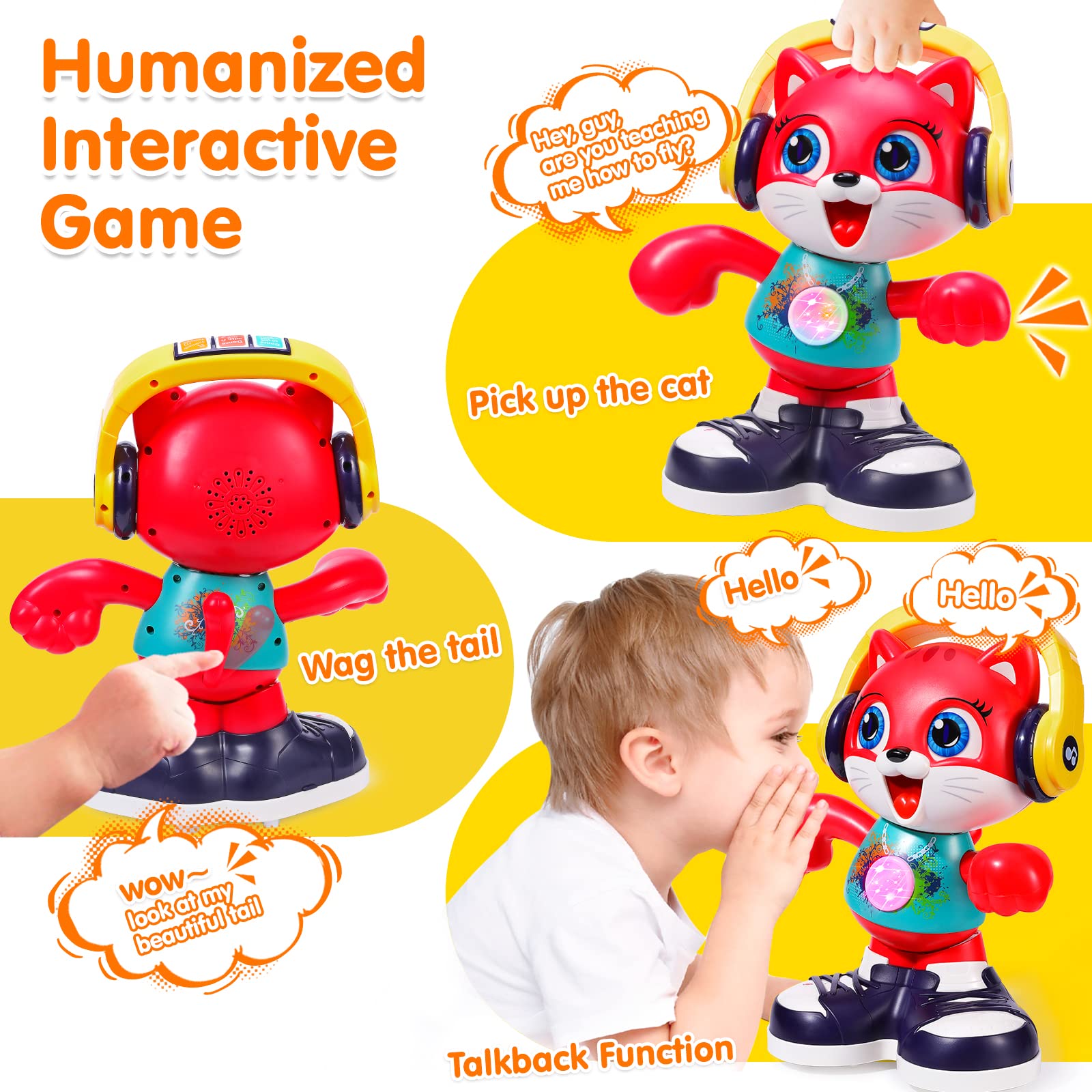Yunaking Dancing Cat mode switch shows play, dance and talkback for toddlers.