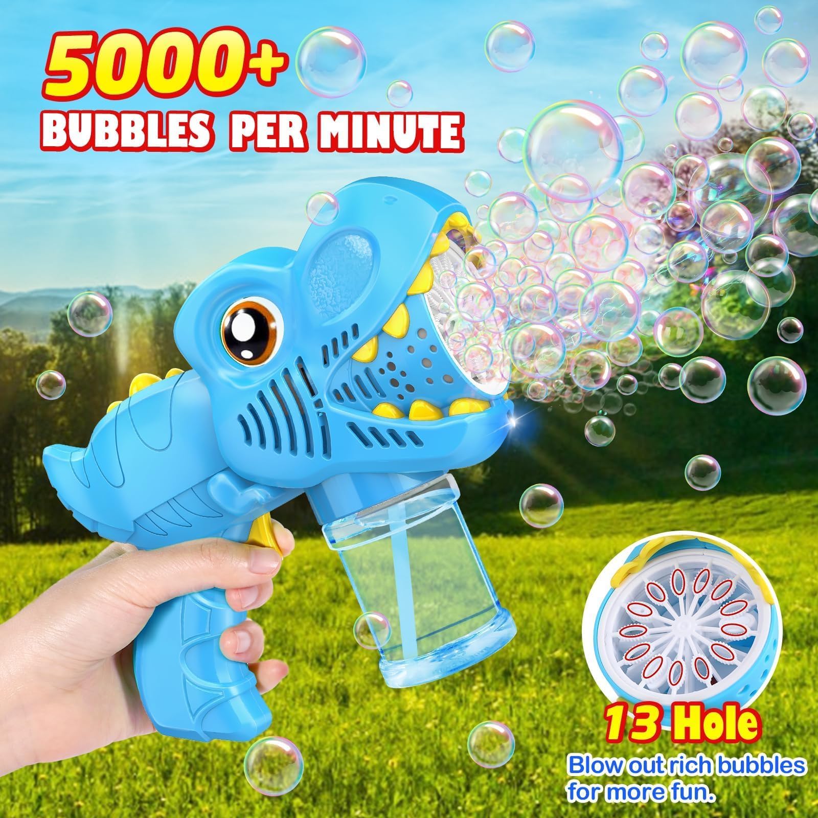 Yunaking dinosaur bubble gun in blue side view with added LEDs