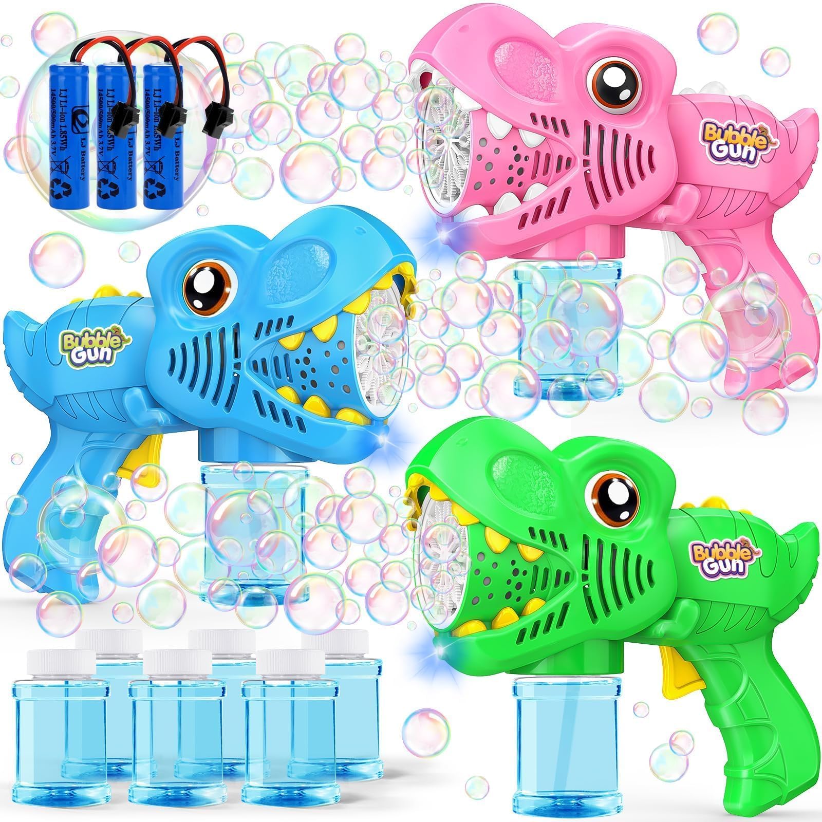 Yunaking dinosaur bubble gun in green front view for outdoor play