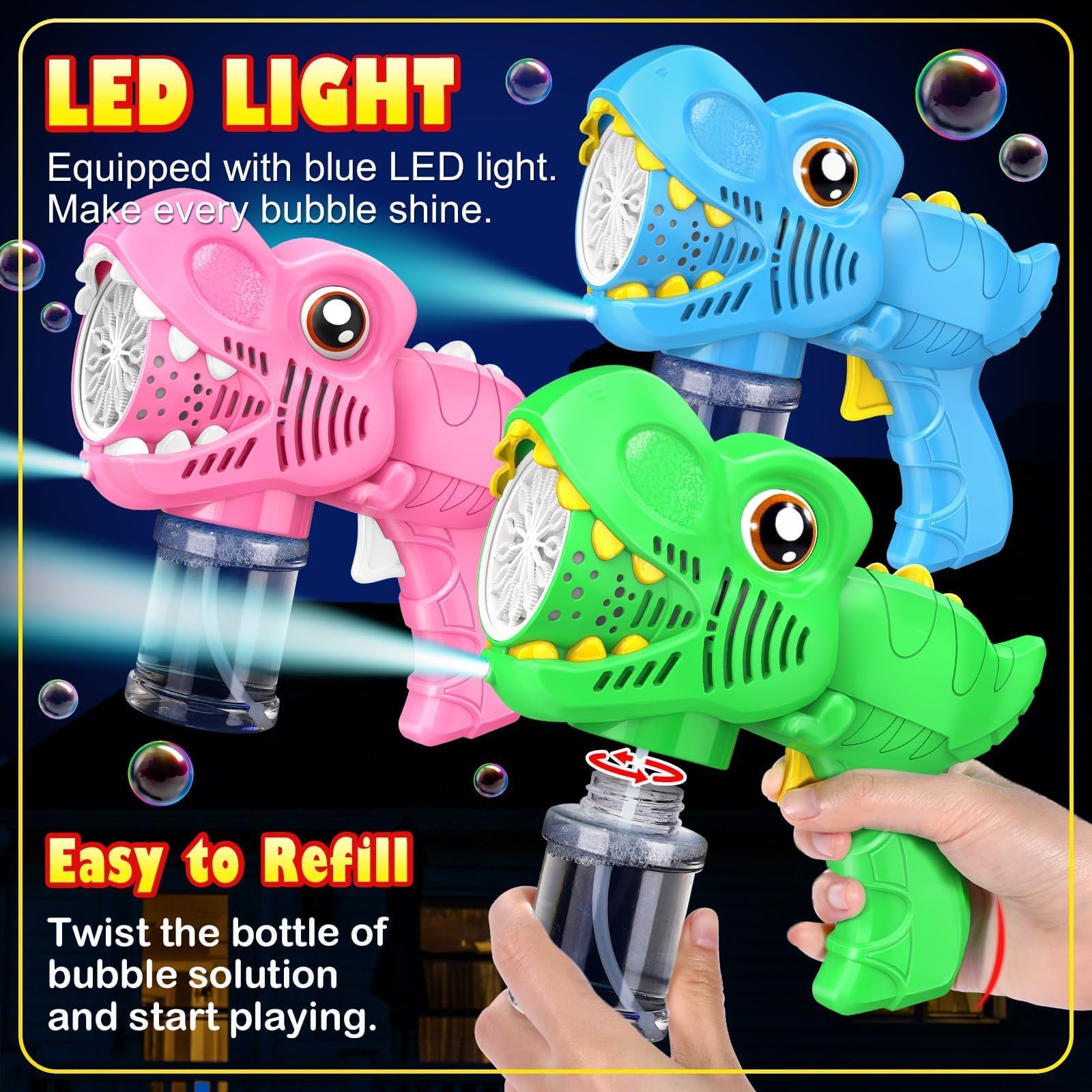Yunaking pink dinosaur bubble gun glowing for night-time play