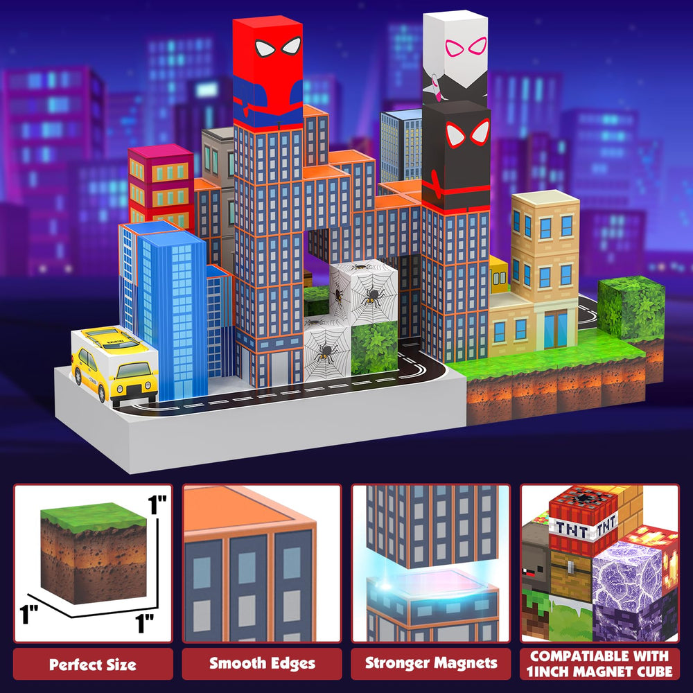 Kids building with YUNGOWN blocks in a spider-themed setup