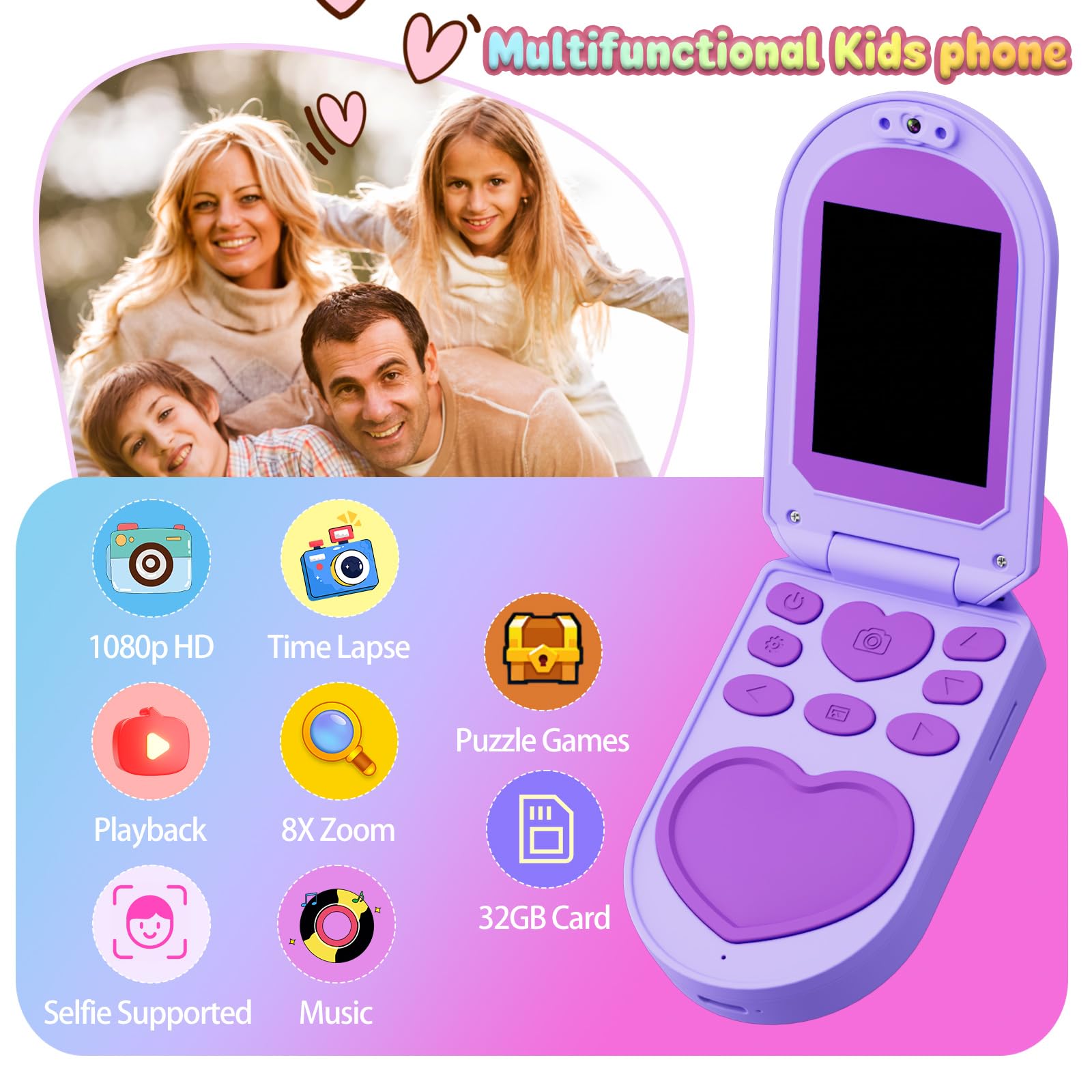 YUNIBRIX purple flip phone toy open design for easy hands-on pretend conversations