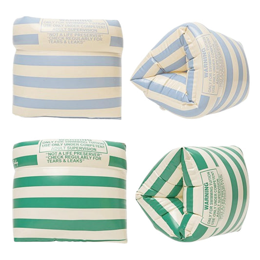 YUNLOVXEE vintage-striped arm floaties in blue-green, front view showing buoyant support
