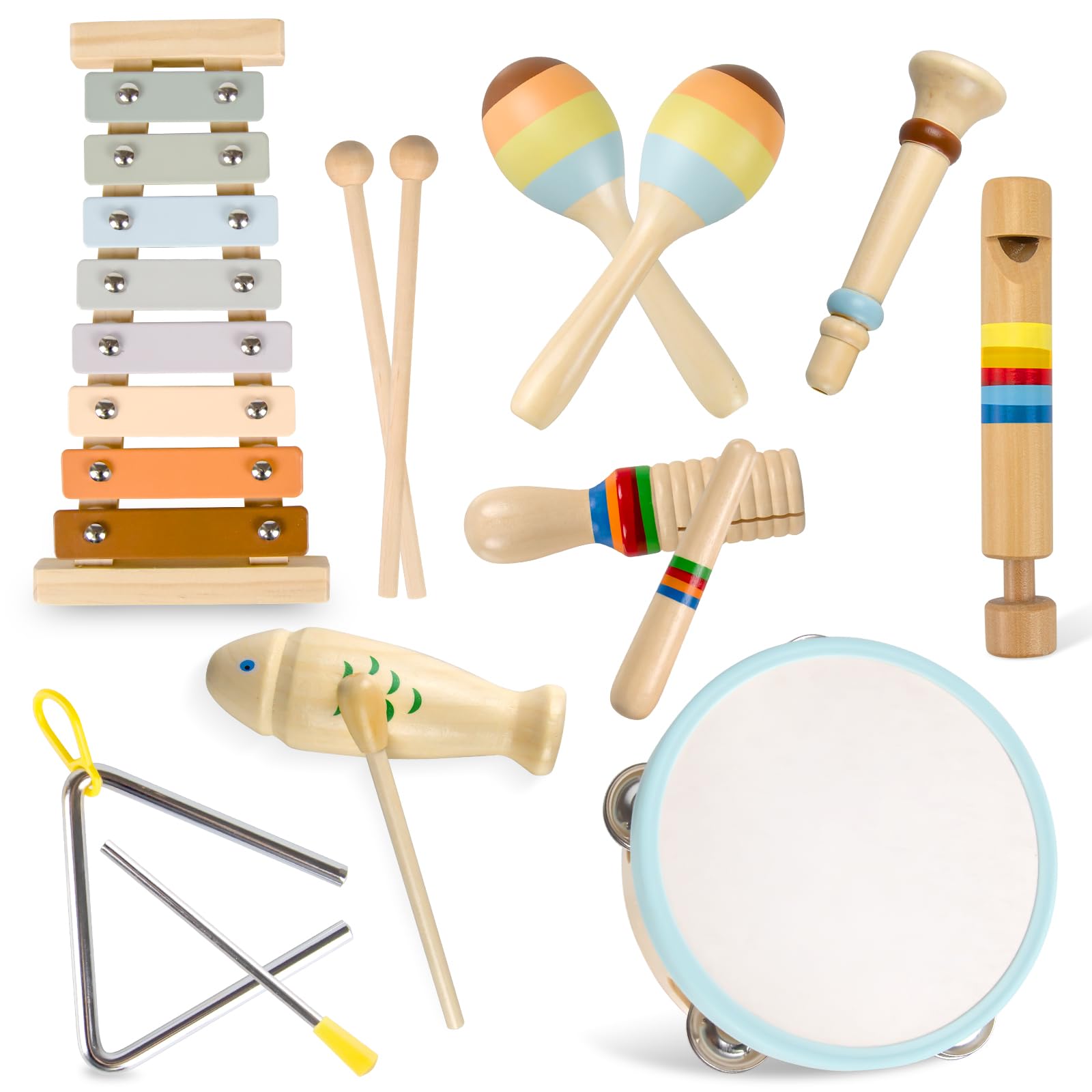 YUNLX wooden eight-instrument set for toddlers boosts fine motor skills.