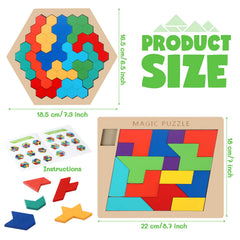 Yunsailing hexagon tangram pieces close-up highlighting colorful wooden blocks and smooth edges