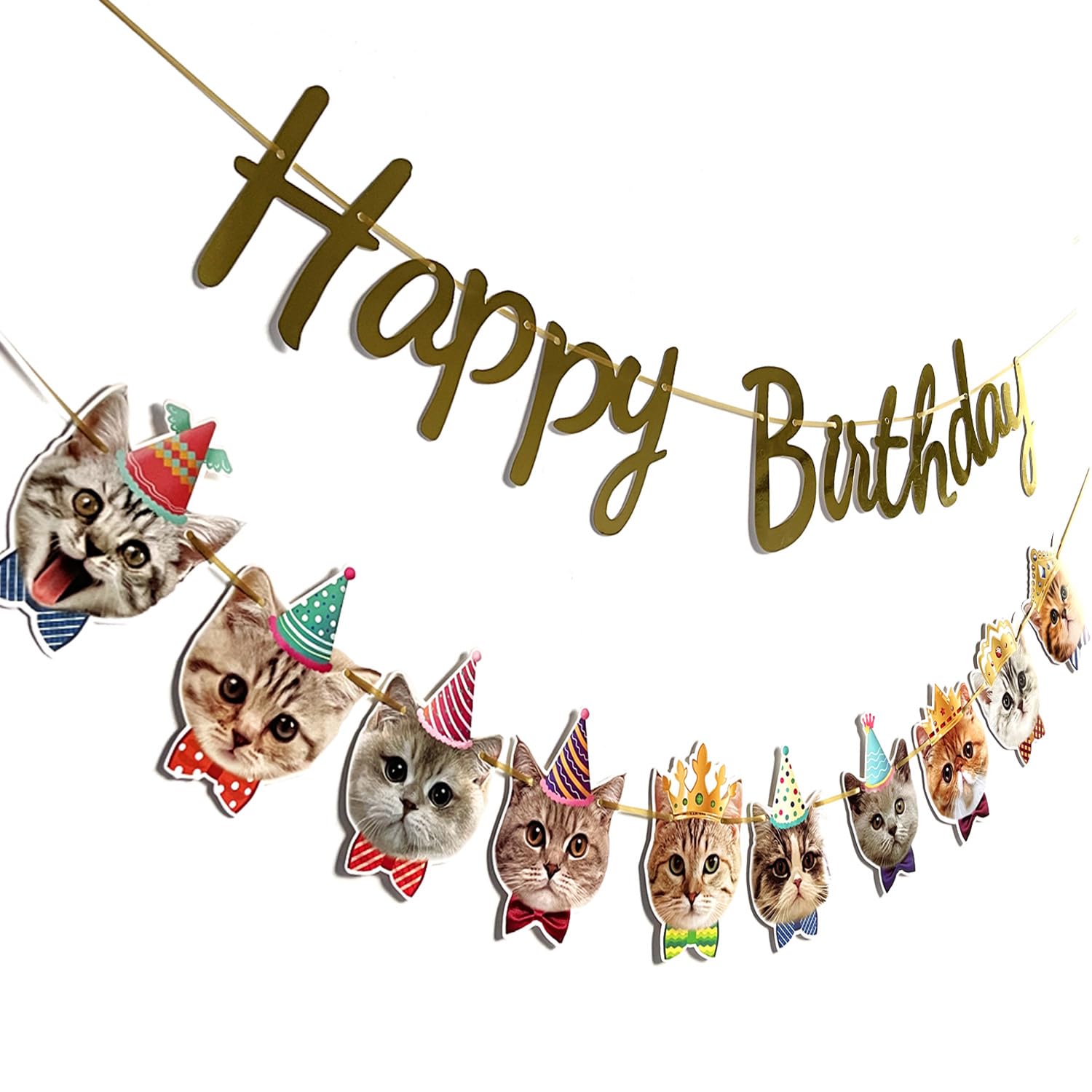 YUNSHANGMO Happy Birthday cat banner with gold sign for photo booth flair