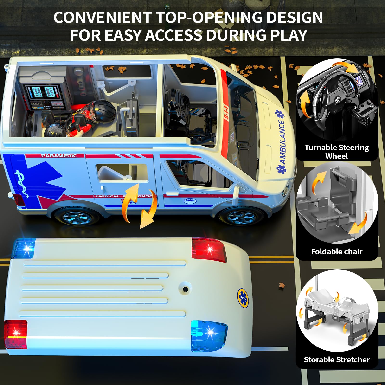 YunWings ambulance toy open-roof design enables easy access during play