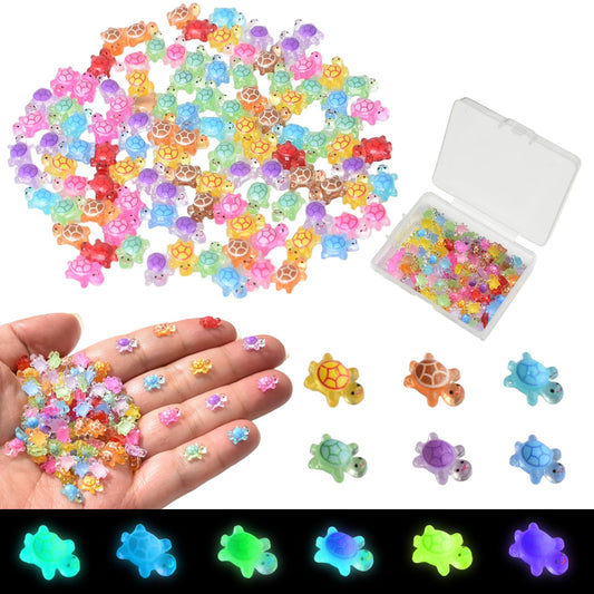 Yuronam luminous turtles close-up; tiny glow-ready resin figures for crafts.