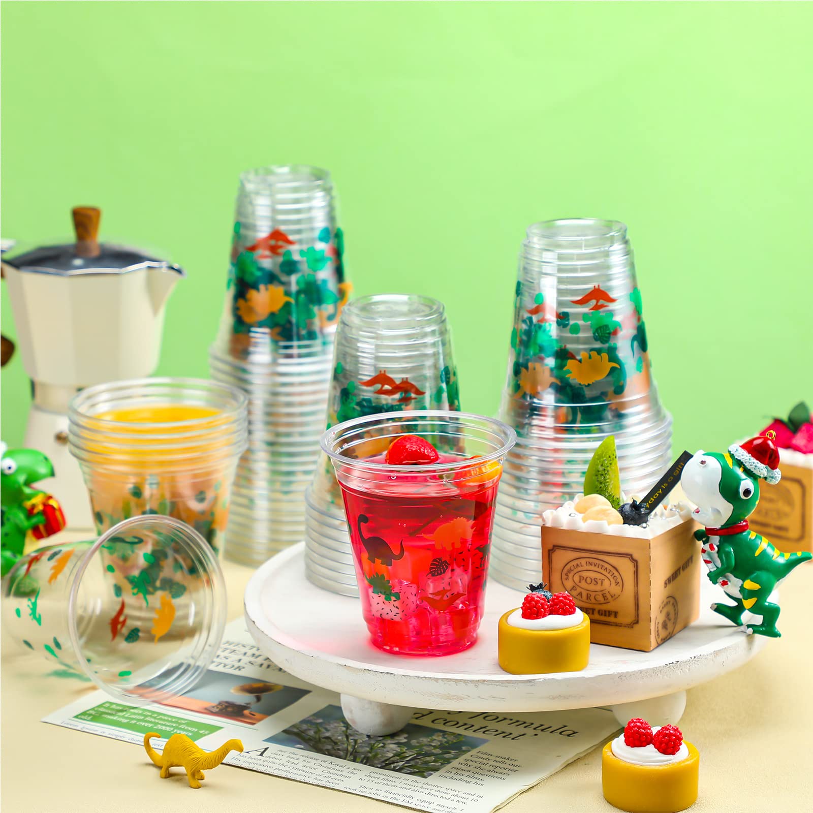 Yuxung kids party dino cups top view show lively prints for themed events.