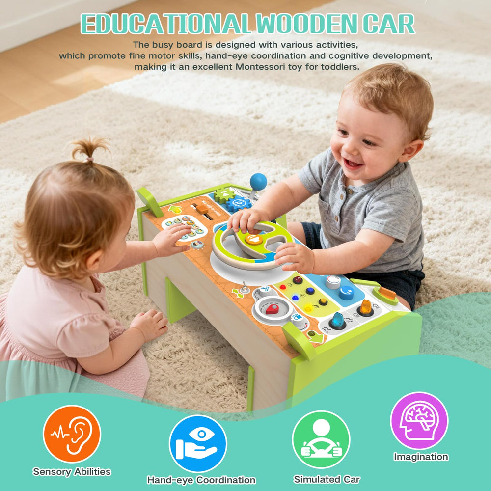 Yuyctwg Montessori Car Busy Board gears and knobs promote tactile problem-solving.