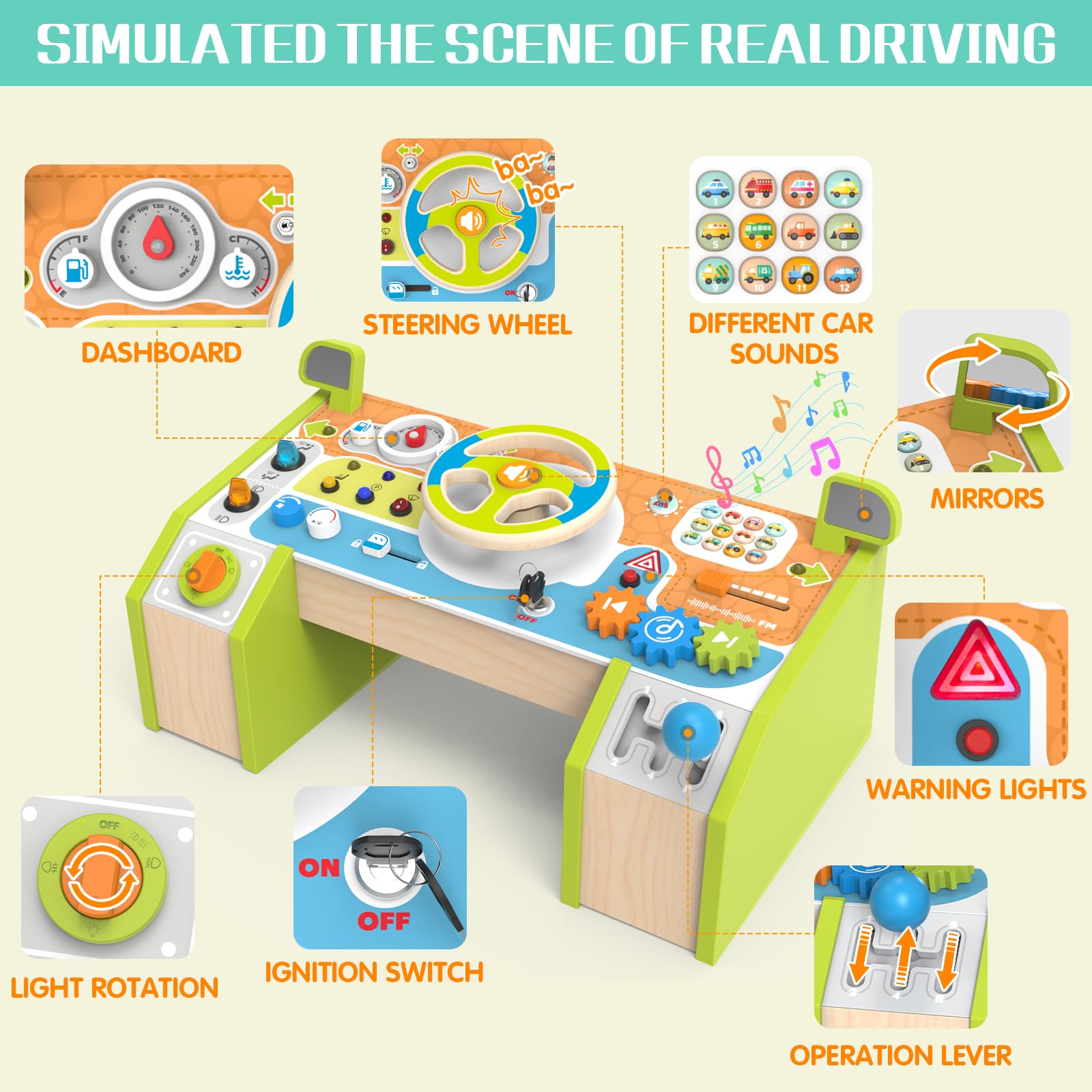 Yuyctwg Montessori Car Busy Board key-start mirrors real car interactions for toddlers.