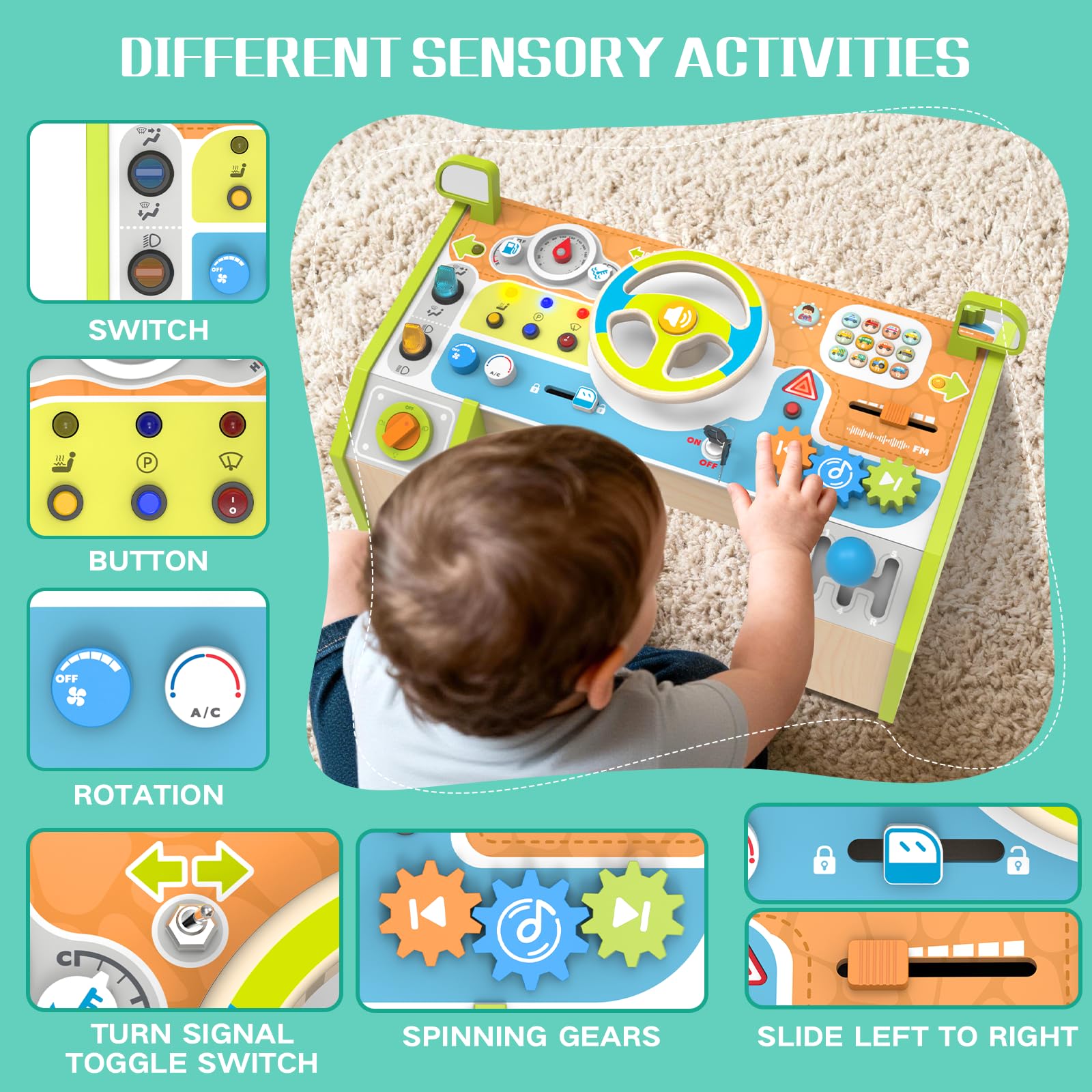 Yuyctwg Montessori Car Busy Board lights engages sensory exploration through buttons and sounds.