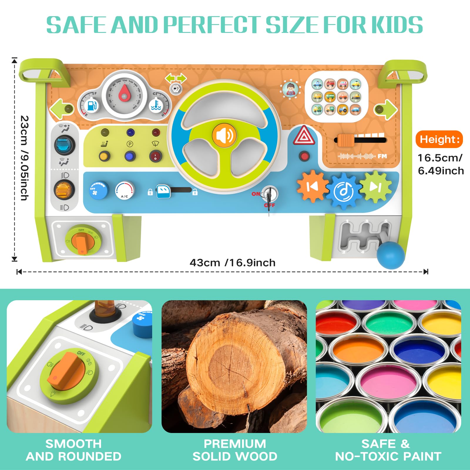 Yuyctwg Montessori Car Busy Board rearview mirror encourages observation during play.