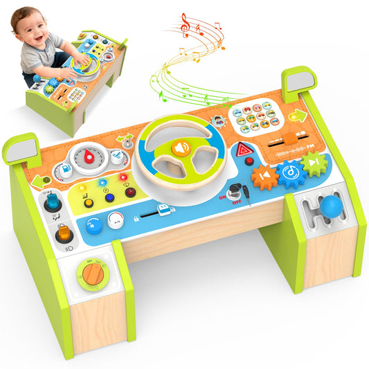 Yuyctwg Montessori Car Busy Board steering wheel for imaginative play and fine motor skills.