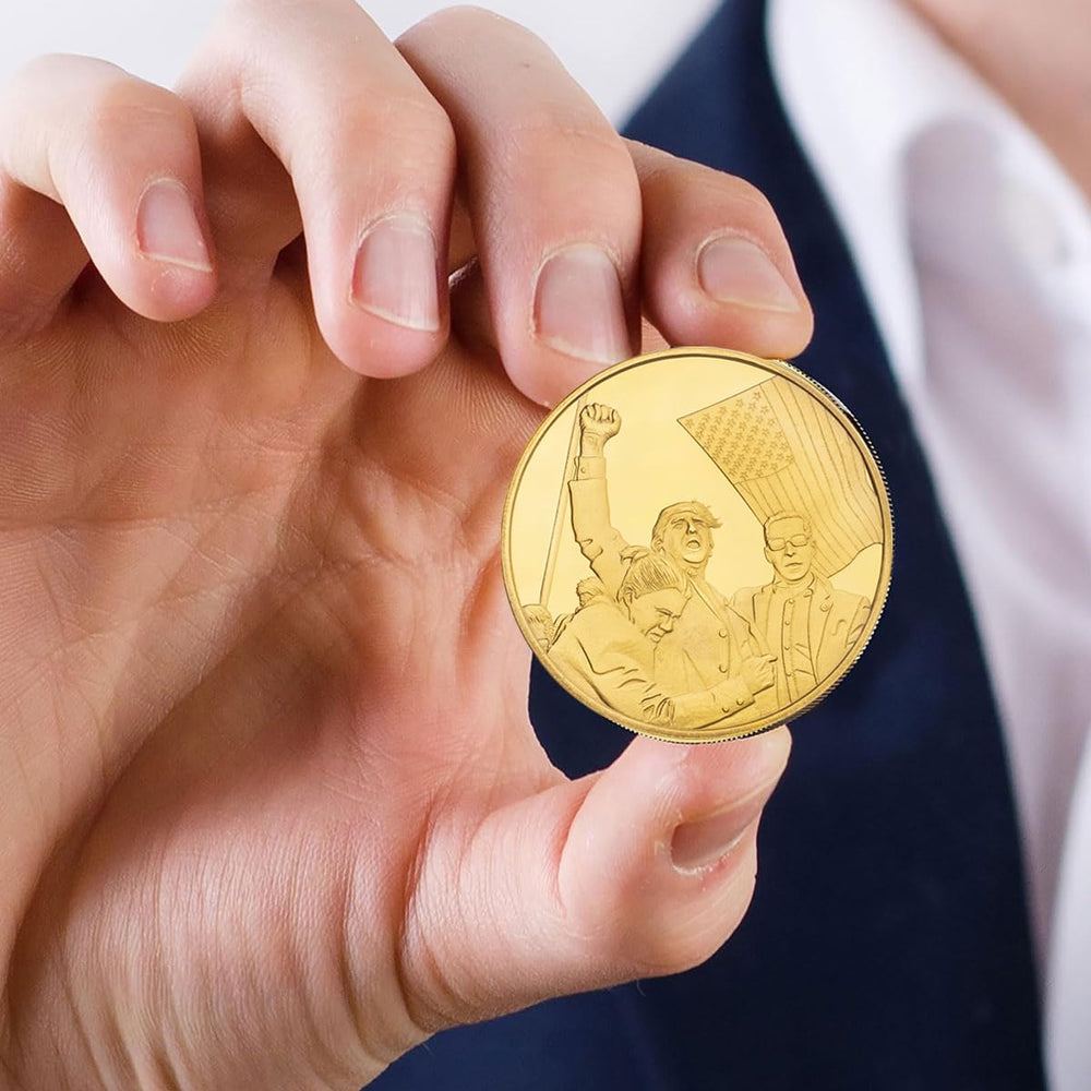 Yvhusk trump-2024-coin complements a presidential memorabilia shelf.