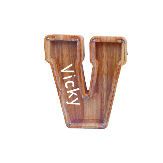 YWMSGM personalized wooden piggy bank showing letter selection for names